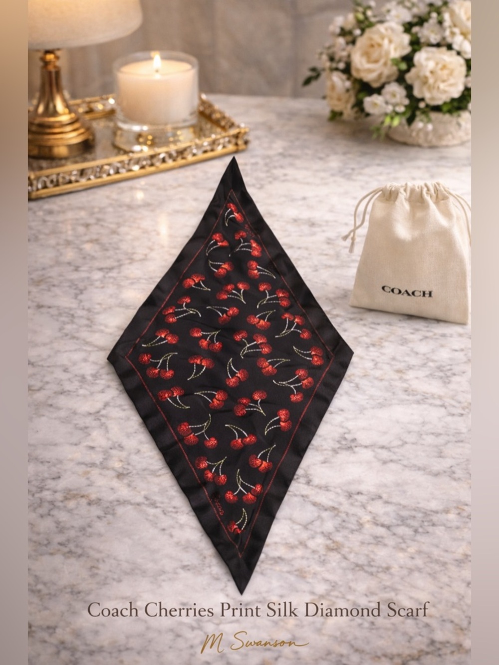 NEW Coach Cherries Print Silk Diamond Scarf Black Red Cherry CDL13 NWT